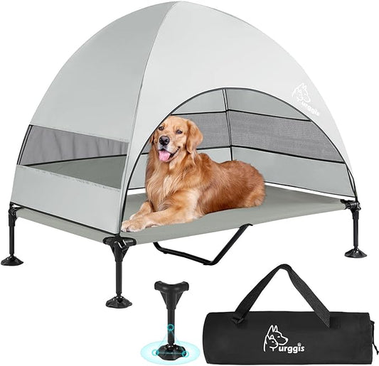 Upgraded Elevated Dog Bed with Canopy, Portable Raised Outdoor Dog Bed with Stable Anti-Slip Feet, Removable Wider Shade, Raised Dogs Cot for Large Pets Camping, Indoor & Outdoor Use