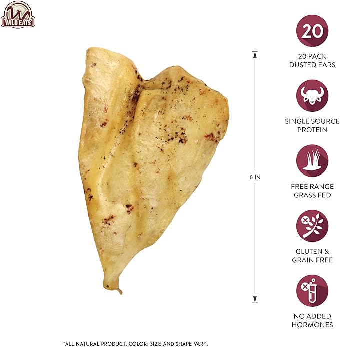 Water Buffalo All Natural Dusted Ear Dog Chews, Treats & Dog Snacks - 20 Piece Value Pack (Grain Free Treats - Great Alternative to Pig Ears, Cow Ears, Bones & Rawhides for Dogs)