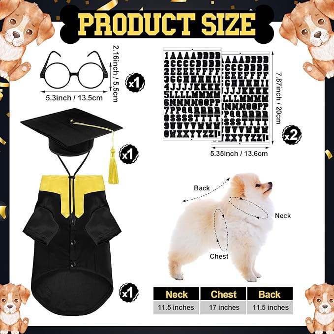 5 Pcs Dog Graduation Costume Set Include 2025 Pet Graduation Gown with Stole Puppy Grad Cap Lensless Glasses DIY Letter Stickers for Dogs Cats Holiday Costume Accessory(Black Yellow,S)