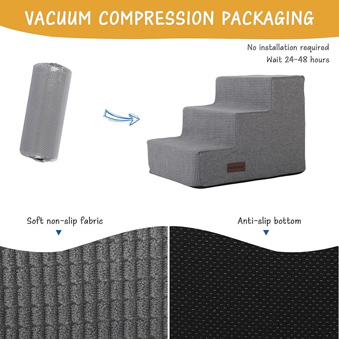 Dog Stairs for Small Dogs & Cats, 3-Step Non-Slip Pet Steps for Couch Sofa and Chair, Grey, 13.6" H