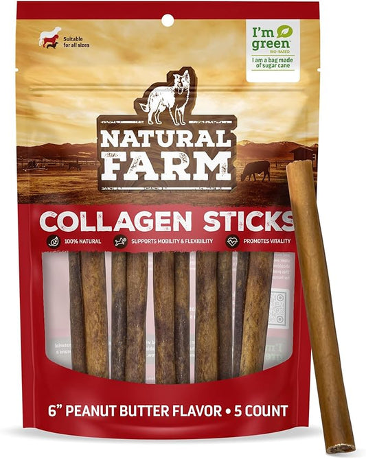 Natural Farm Peanut Butter Flavor Collagen Sticks for Dogs (6 Inch, 5 Pack), Long-Lasting Beef Collagen Chews, Best Rawhide Alternative Chews With Chondroitin & Glucosamine, High-Protein Dental Treats