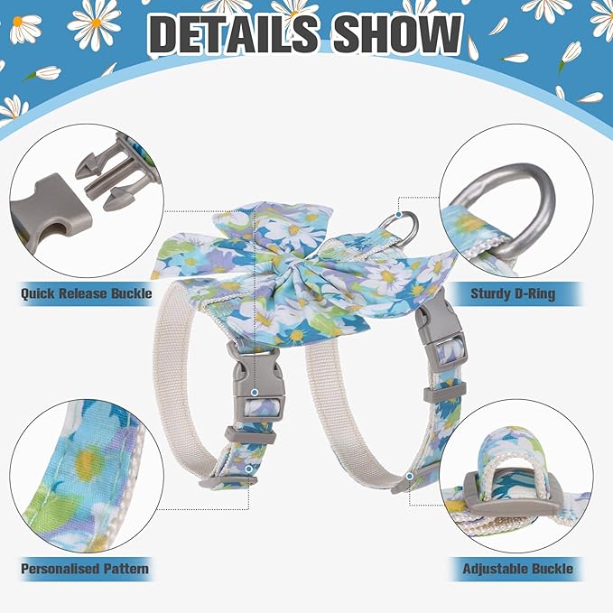 PAWCHIE Cat Harness and Leash Set with Bow Knot,Cats Escape Proof-Adjustable Daisy Floral Kitten Harness Soft Outdoor Walking Travel Pet Harness,Puppy Harness for Girl Cats Bunny Rabbit Small Dog,Blue