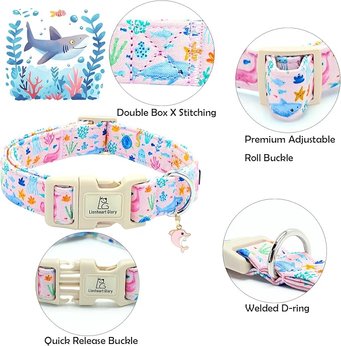 Lionheart glory Dog Collar Sea Animals Print Pink Dog Collars Male or Female Spring Summer Cute Collar Pet Gift Durable Adjustable Dog Collar for Large Dogs