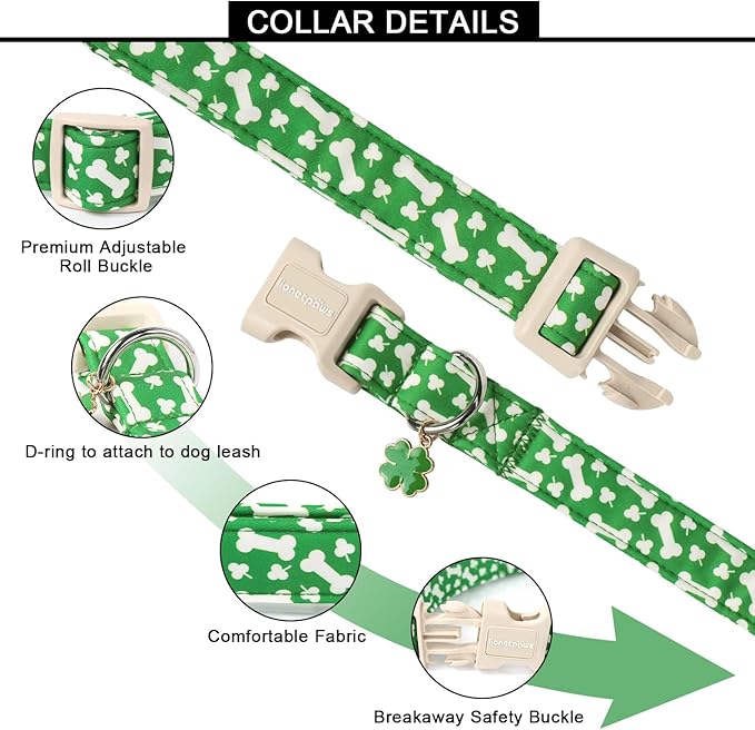 Lionet Paws St. Patrick Dog Collar- Cute Clover Bone Green Dog Collars with Plastic Buckle, Light Adjustable Dog Collars with Clover Pendant for Medium Large Dogs