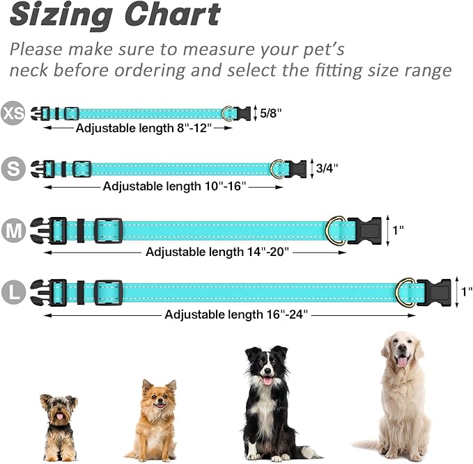 Reflective Dog Collar for Large Dogs, Cute Adjustable Heavy-Duty Nylon Puppy Collars for Boy and Girl Female, Soft Pet Accessories with Quick Release Buckle, Neck 16-24", Turquoise