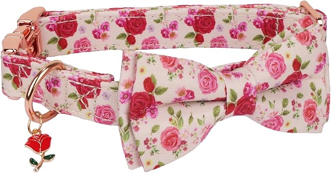 ADOGGYGO Floral Dog Collar with Bow, Red Pink Rose Flower Dog Bow Collar with Metal Buckle, Adjustable Pet Floral Collars for Extra Small Dogs (X-Small)