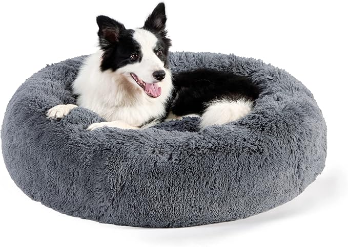 Bedsure Calming Dog Bed for Large Dogs - Donut Washable Large Pet Bed, 36 inches Anti-Slip Round Fluffy Plush Faux Fur Dog Bed, Fits up to 100 lbs Pets, Dark Grey
