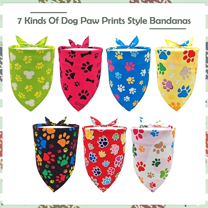 7 PCS Paw Print Dog Bandanas for Small Dog Kittens 18 Inch Polyester Dogs Bandana for Puppy Doggy XS Scarves Party Grooming S