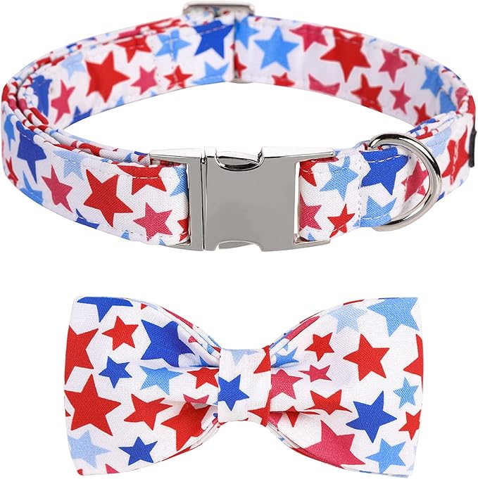 ARING PET American Flag Dog Collar, Cute Bowtie Dog Collars with Metal Buckle, Red White Blue Star Pet Collar Bow Tie for Small Meduim Large Dogs