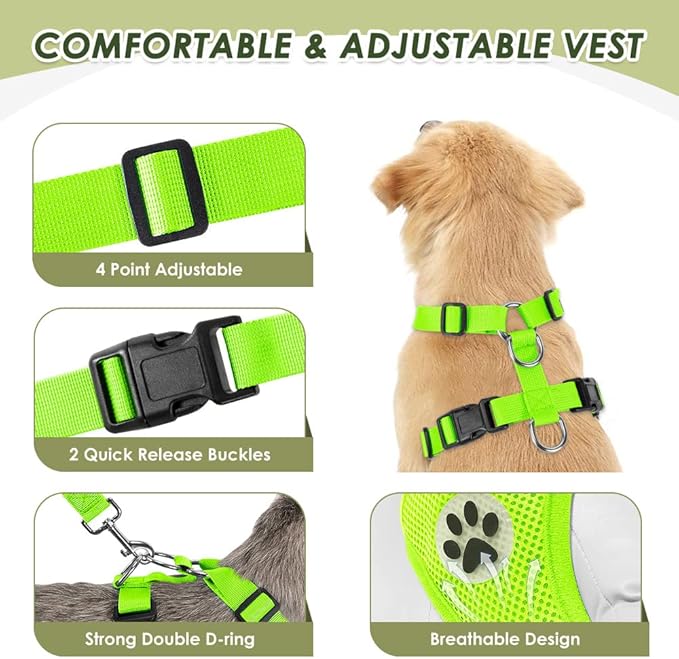 SlowTon Dog Seat Belt Harness for Car, Dog Car Harness Adjustable Mesh Breathable & Dog Seatbelt Safety Tether with Elastic Bungee for Small Medium Large Pets(Lime, Double Clip, M)