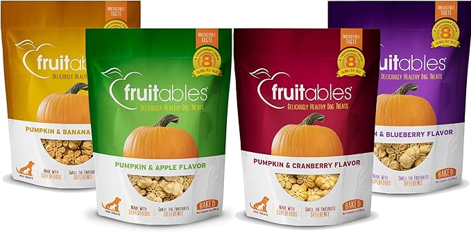Fruitables Baked Dog Treats - Pumpkin Treats for Dogs - Healthy Low Calorie - Free of Wheat, Corn and Soy - 7 oz (Variety Pack of 4)