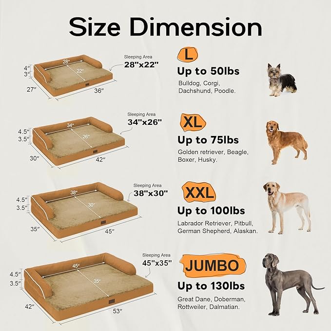 Large Dog Bed Orthopedic Washable, Dog Beds for Large Dogs, Washable Cover Removable Bolster and Non-Slip Bottom Jumbo Orthopedic Orange Dogs Beds, XXLarge Extra Large Dogs