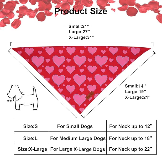 PTDECOR Valentine Dog Bandana, Reversible Valentine Pet Scarf, Multi Size, Red Heart Bandanas for Large X-Large Dogs (X-Large)