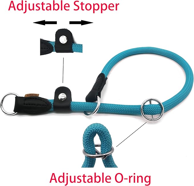 Braided Round Martingale Dog Collar, Training Collar with Slidable Stop Ring and Adjustable Stopper - Ideal for Medium Dogs (M(1/3") - 18" Long, Light Blue)