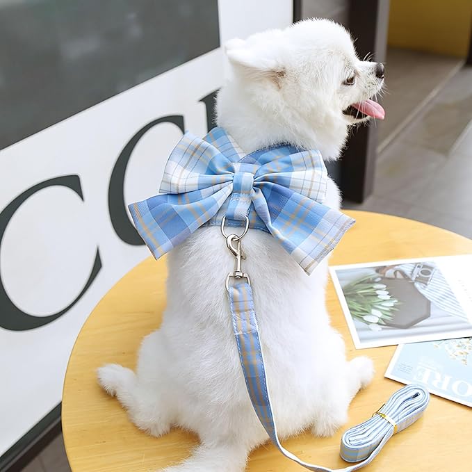 Cute Dog Harness and Leash Set with Bow Tie Soft Mesh Plaid Girl Puppy Harness No Pull Pet Cat Dog Vest Harness for Small Dogs Chihuahua Rabbit Outfit (Blue,XS)