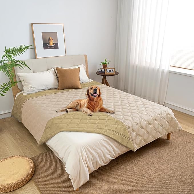 fuguitex Waterproof Dog Blanket Reversible for Small Dogs Resistant Leakproof Washable Couch Cushion Bed Protector Cover for Indoor Furniture Pet Friendly(82"*82",Beige+Taupe