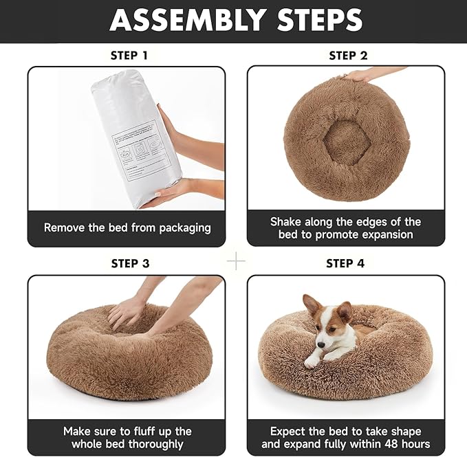 OhGeni Calming Donut Dog Bed Pillow for Small Medium Pets, Machine Washable Removable Cover, Comfort Plush Fluffy Faux Fur with Anti-Slip Bottom, Cats-Friendly Round Cuddly Design, Ocher, 23 inches