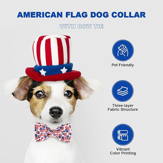 Tunkoo American Flag Dog Collar with Bow Tie Super Cute Heart, Adjustable and Stylish Pet Collar with Metal Buckle, Available in Small, Medium, Large M