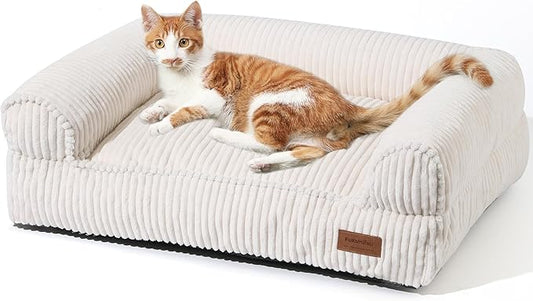 FUKUMARU Cat Couch Bed, Corduroy Cozy Cat Bed for Indoor Cats with Removable Washable Cover, Supportive Anti-Slip Dog Beds Sofa for Small Dogs Cute, 27inch, Medium, Cream