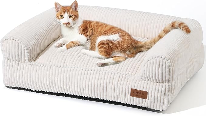 FUKUMARU Cat Couch Bed, Corduroy Cozy Cat Bed for Indoor Cats with Removable Washable Cover, Supportive Anti-Slip Dog Beds Sofa for Small Dogs Cute, 27inch, Medium, Cream