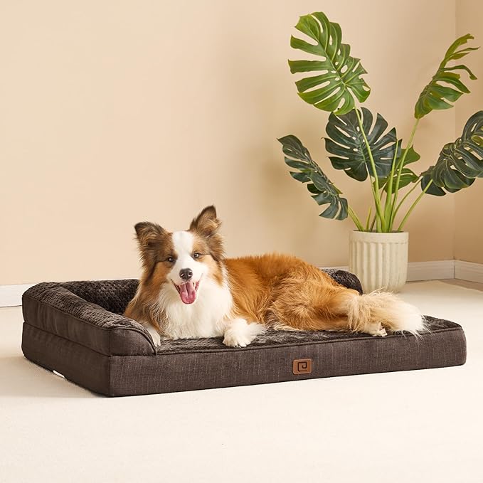 EHEYCIGA Memory Foam Dog Bed Large Sized Dogs, Pet Bed for Large Dog for Crate with Waterproof Liner, Pet Couch Bed Orthopedic with Washable Removable Cover, 35x23x6 Inches, Brown