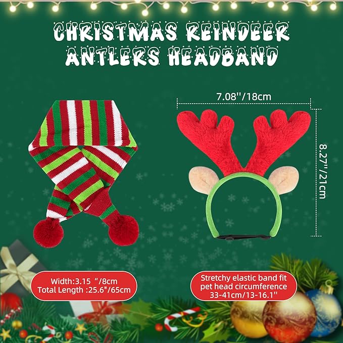 BWOGUE Dog Christmas Reindeer Elk Antlers Headband and Red-White-Green Striped Scarf Set Pet Christmas Costume Dog Costumes Accessories for Dogs and Cats