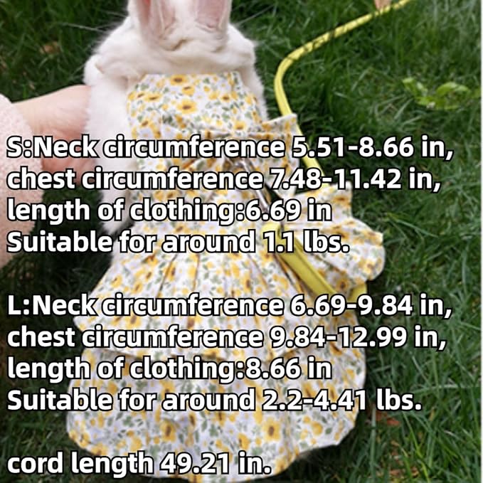Rabbit Leash and Harness Set Adjustable Bunny Dress Rabbit Clothes Outfit for Small Pet Ferret Guinea Pig Squirrel Hamster (Yellow,L)