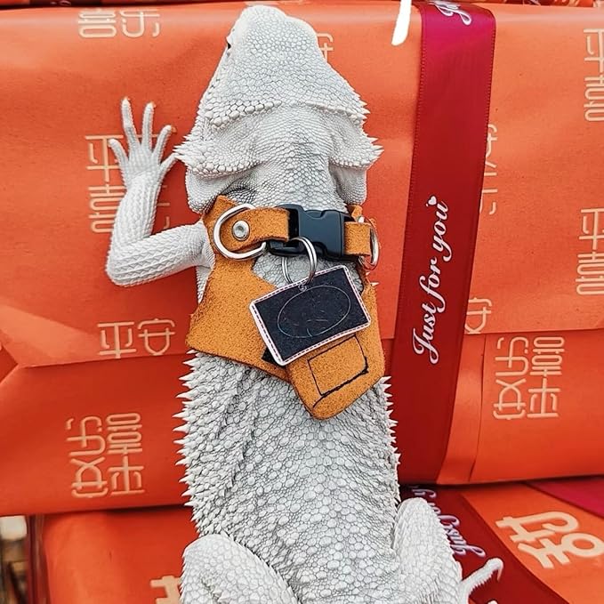 Bearded Dragon Harness and Leash Set, Adjustable Harness Soft Leather-3 Sizes (S, M, L) with Leash, Lizard Reptile Traction Rope Walking Vest Accessories for Bearded Dragon, Iguana or Gecko (Brown)
