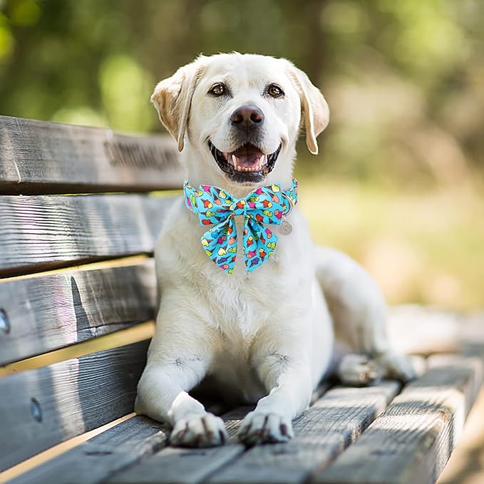 Summer Dog Collar with Bow Tie, Cotton Cute Bowtie Dog Collar, Summer Bowtie Collar for Puppy Boy Girl Dog or Cat, Comfortable Blue Dog Collar with Metal Buckle, XS