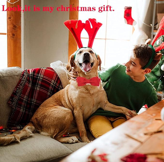 DOGWONG Hemp Cotton Dog Collar with Bow, Christmas Red Pet Collar Durable Adjustable Puppy Collar for Small Medium Large Dogs