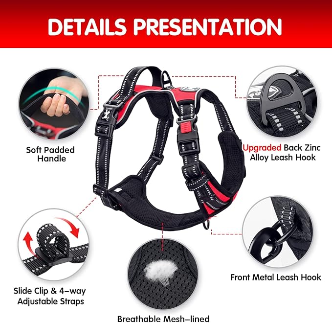 PoyPet Dog Harness and Leash Combo, Escape Proof No Pull Vest Harness, with 5 Feet Leash, Reflective Adjustable Soft Padded Pet Harness with Handle for Small to Large Dogs(Red,L)
