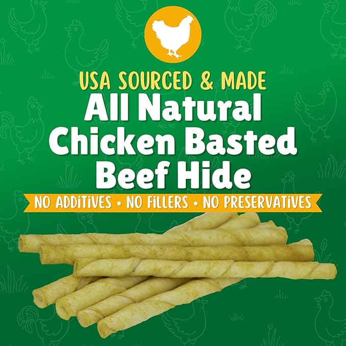 Chicken Basted Rawhide Twist Sticks Dog Treats – 60ct. Premium Rawhide Chew Sticks – Long Lasting Chicken Flavored Chews for Small Dogs Made in USA with Natural Beef Hide