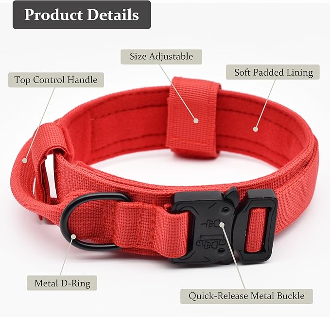 Tactical Dog Collar, Adjustable Military Training Nylon Dog Collar with Control Handle and Heavy Quick-Release Metal Buckle for Small Medium Large Dogs, Red M