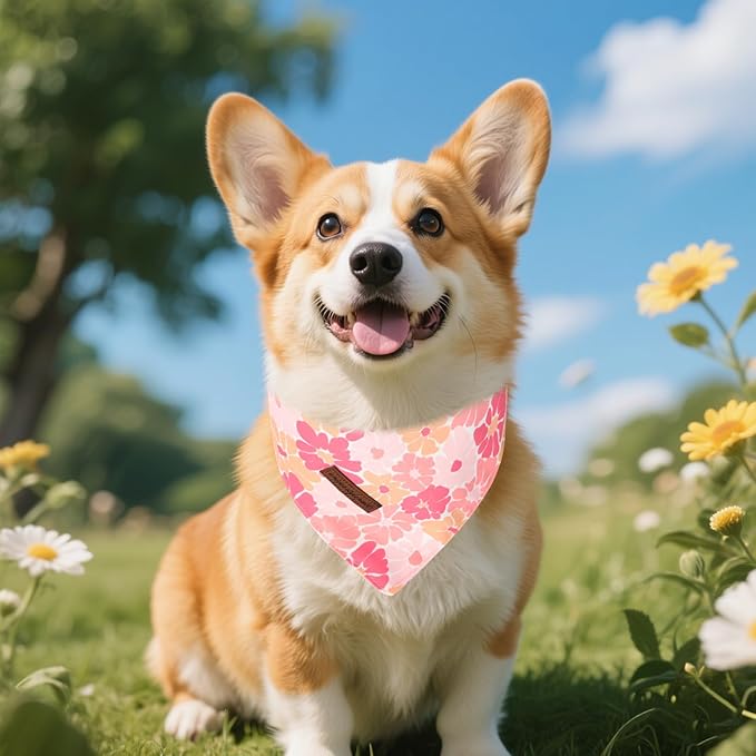 Unique Style Paws Dog Spring Bandanas 2Pcs Washable Cotton Triangle Summer Rose Daisy Flower Puppy Scarfs for Small Medium Large Dogs and Cats