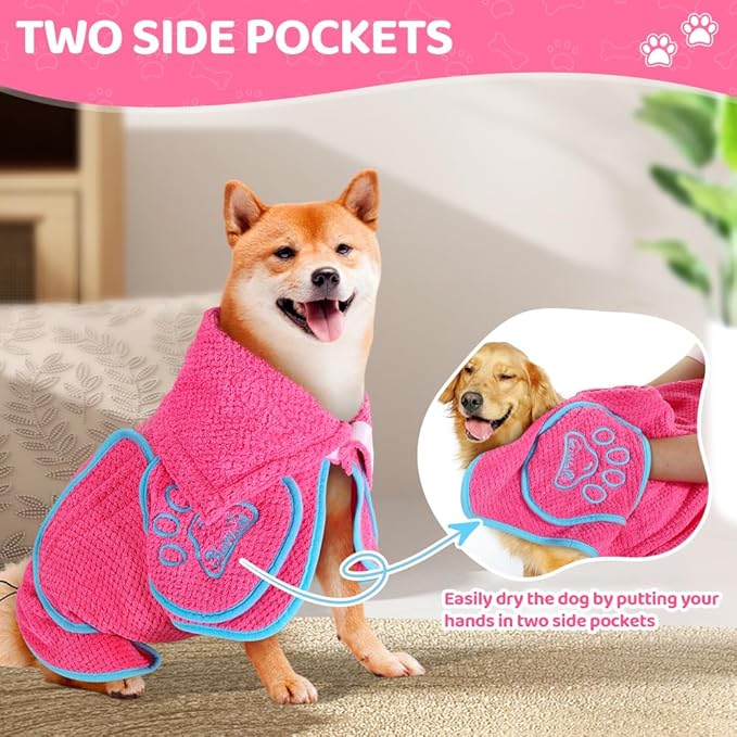SlowTon Dog Bathrobe Towel - Super Absorbent Microfiber Pet Quick Drying Towel, Wearable Soft Bath Robes for After Bath Shower Swim Wet Walk, Adjustable for Small Middle Large Dogs (Pink, 2XL)