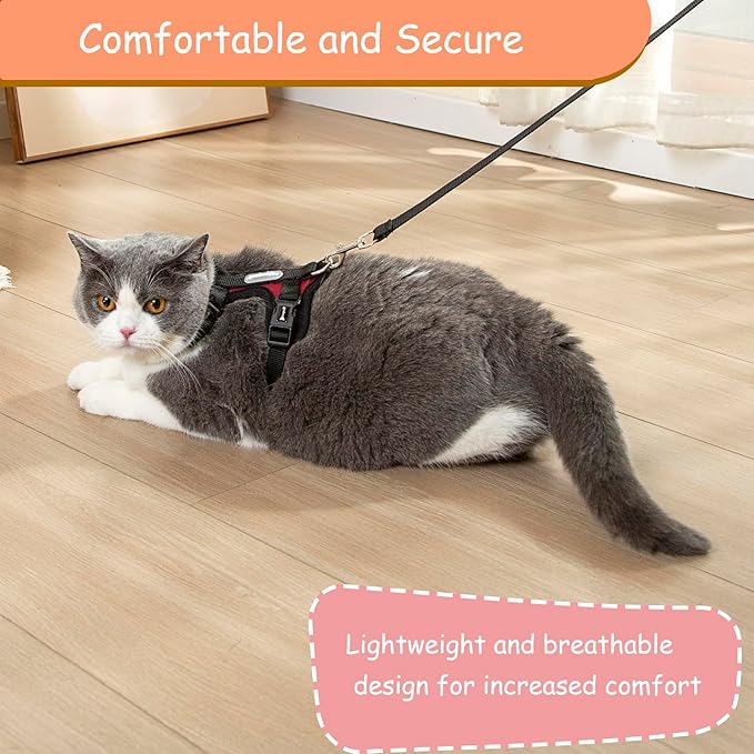 Cat Harness and Leash Set for Walking Lightweight Escape Proof Kitten Vest Harness Soft Fit for Cat Puppy Rabbits Easy Control (Red Black, M(Chest:12.5''-19'', Neck:8''-12''))