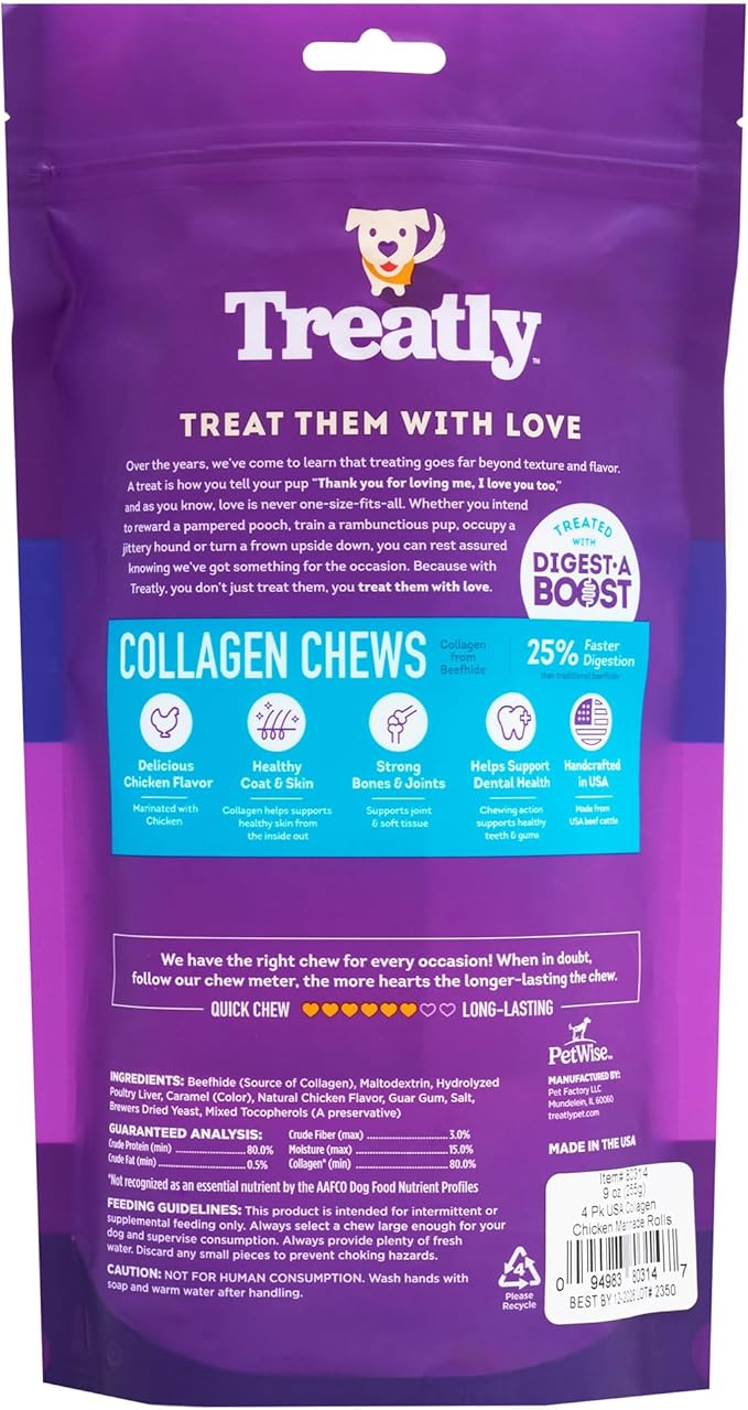 USA Collagen Rolls 9-10" Dog Chew Treats - Chicken Marinade Flavor, 4 Count/1 Pack