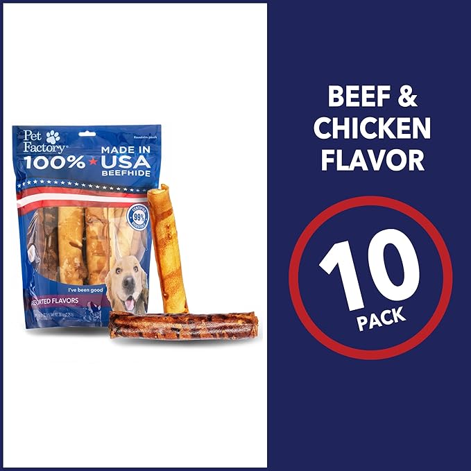 Pet Factory 100% Made in USA Beefhide 8" Rolls Dog Chew Treats - Beef & Chicken Flavor, 10 Count/1 Pack