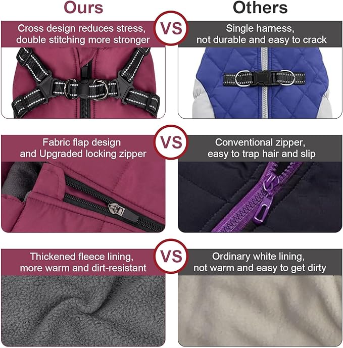 Warm Winter Coat for Dogs, Fashionable Sports Jacket with Built-in Harness, Reflective & Adjustable Pet Vest, Waterproof Windproof Apparel for Small Dogs (Purple)
