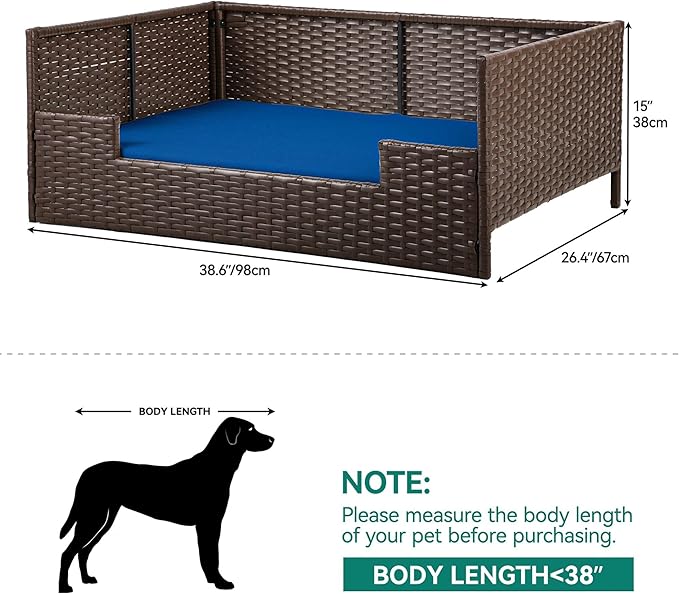 YITAHOME Rattan Dog Sofa Bed with Cushion,Wicker Pet Bed Sofa Couch Indoor Outdoor Water Resistant for Large Medium Small Dogs Cats (38.6''L*26.4''W*15''H,Blue)