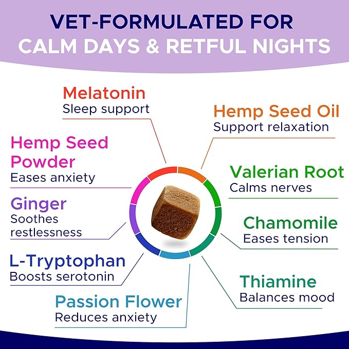 Advanced Calming Chews for Dogs - Hemp Treat + Melatonin + Valerian - Relaxing Bites - Calming Care - Anti-Anxiety & Stress Relief - Made in USA - Calm, Sleep Aid, Storms - 60Ct