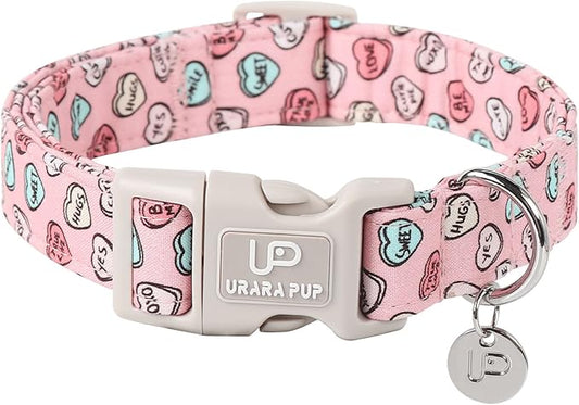 Pink Heart Dog Collar, Valentine's Gift for Puppy, Small to Extra Large Dogs, Cotton, Unique Craftsmanship Design, Breathable, Comfortable