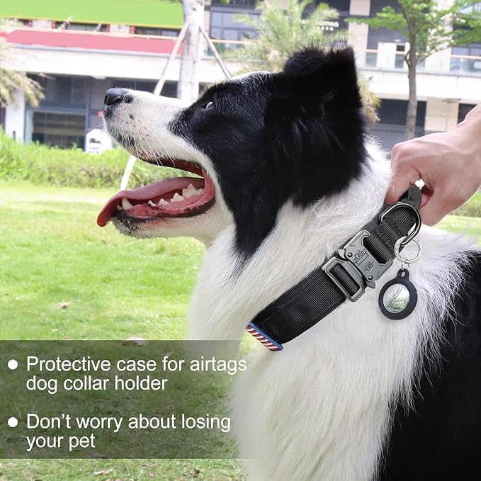 Hotsky Tactical Dog Collar, Adjustable Military Training Nylon Airtag Collar with Handle and Heavy Duty Metal Buckle for Medium Large Dogs, with Airtag Holder and Two Patches(Black,M)