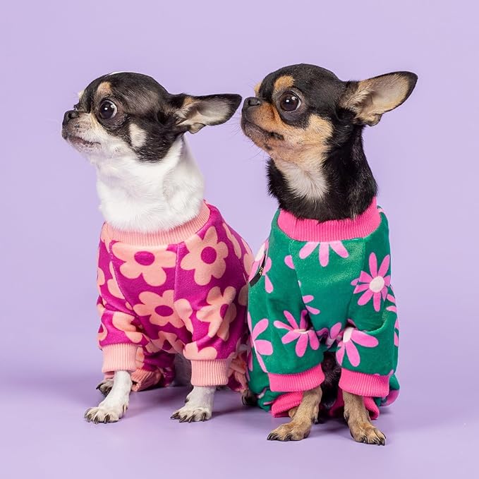 Fitwarm Flower Fleece Dog Pajamas, Warm Winter Dog Clothes for Small Dogs Girl, Cozy Pet Onesie with Feet, Pink, Medium