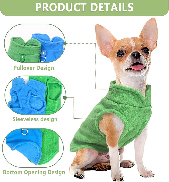 2 Pieces Fleece Dog Sweater Vest Winter Warm Puppy Sweaters for Small Dogs Male Female Fall Pullover Dog Clothes with D-Ring Soft Puppy Outfit Coat (Blue,Green, Large)