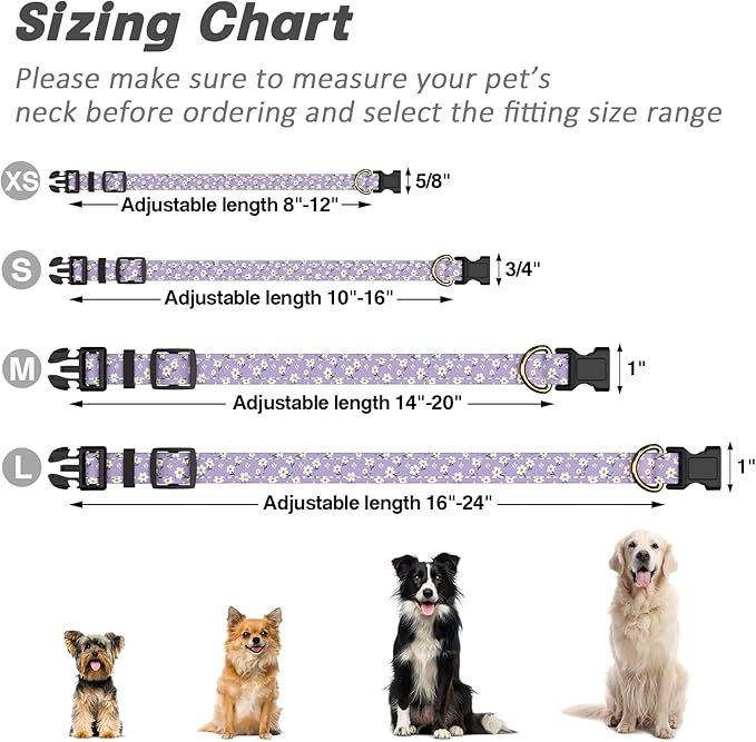 Reflective Dog Collar for Medium Dogs, Cute Flower Theme Adjustable Heavy-Duty Nylon Puppy Collar for Boy and Girl Female, Soft Pet Accessories with Quick Release Buckle, Purple White