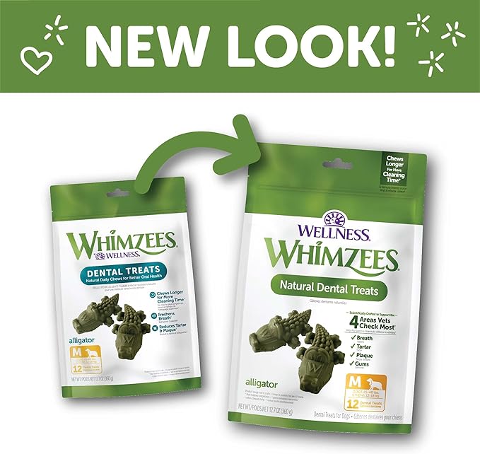 Whimzees Wellness Alligator Dog Dental Treats, Natural Chews, Medium Size, (12 Count)