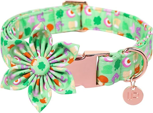 St. Patrick's Dog Collar with Flower, Cotton St. Patrick's Flower Collar for Girl Boy Dog, Lucky Shamrock Dog Collar with Metal Buckle, Green, Spring, XS