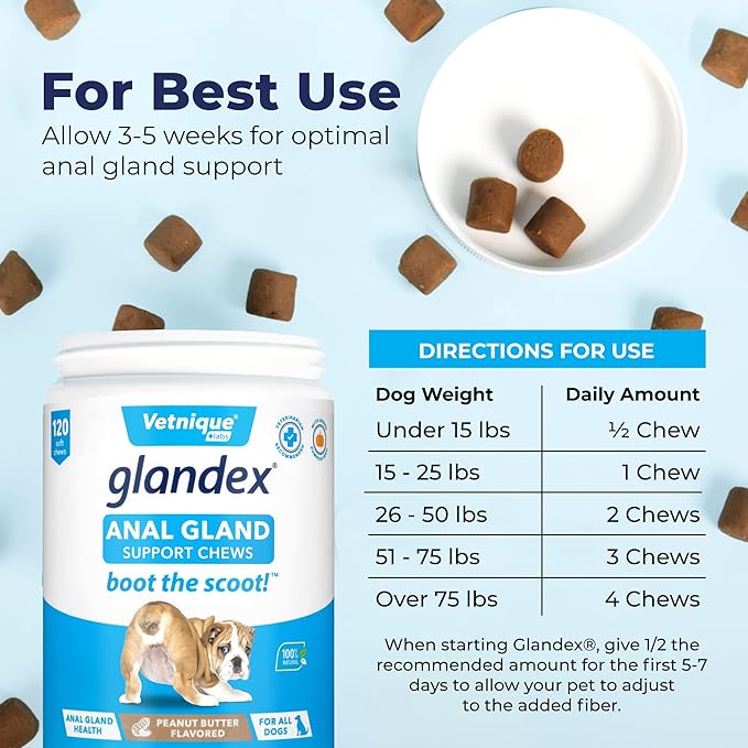 Vetnique Glandex Anal Gland Soft Chew Treats with Pumpkin for Dogs Digestive Enzymes, Probiotics Fiber Supplement for Dogs Boot The Scoot (Peanut Butter Chews, 120 Count)