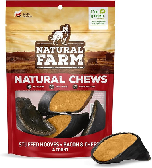 Natural Farm Bacon & Cheese Flavor Filled Cow Hooves for Dogs (4-Pack), Long-Lasting Natural Hoof Beef Bone Treats, Best for Small, Medium & Large Dogs